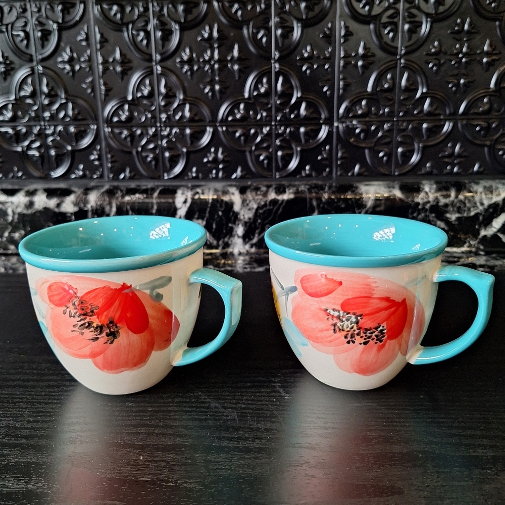 Pioneer Woman Vintage Bloom Pattern Mugs , Pair Of Floral Teal Coffee Tea Mugs